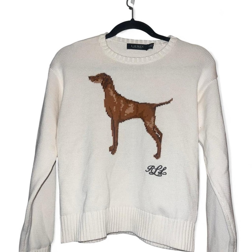 Ralph Lauren Cream Crewneck Sweater with Brown Dog Intarsia